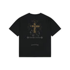 Chrome Hearts Style Black T-Shirt with Gold Cross Graphic and Bottom Logo - Premium Cotton Streetwear Tee
