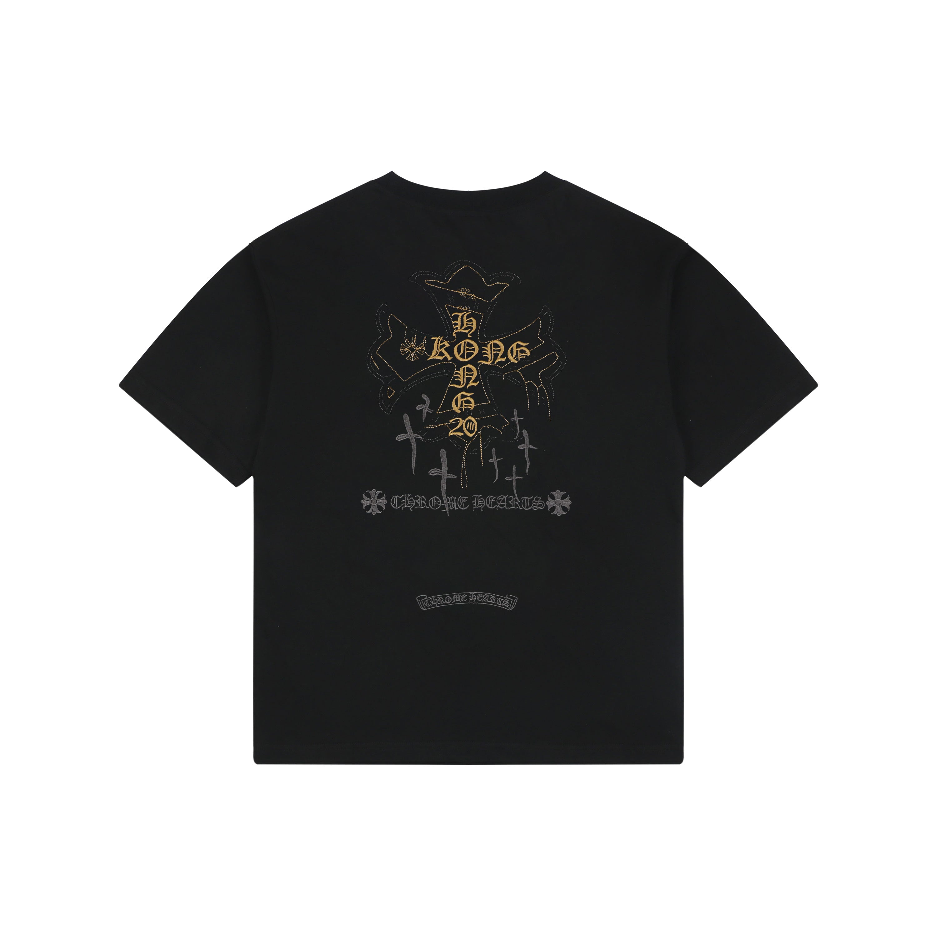 Chrome Hearts Style Black T-Shirt with Gold Cross Graphic and Bottom Logo - Premium Cotton Streetwear Tee