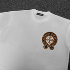 Chrome Hearts Style Gold Horseshoe Cross T-Shirt - 3D Metallic Embossed Graphic, Black Cotton Streetwear Tee