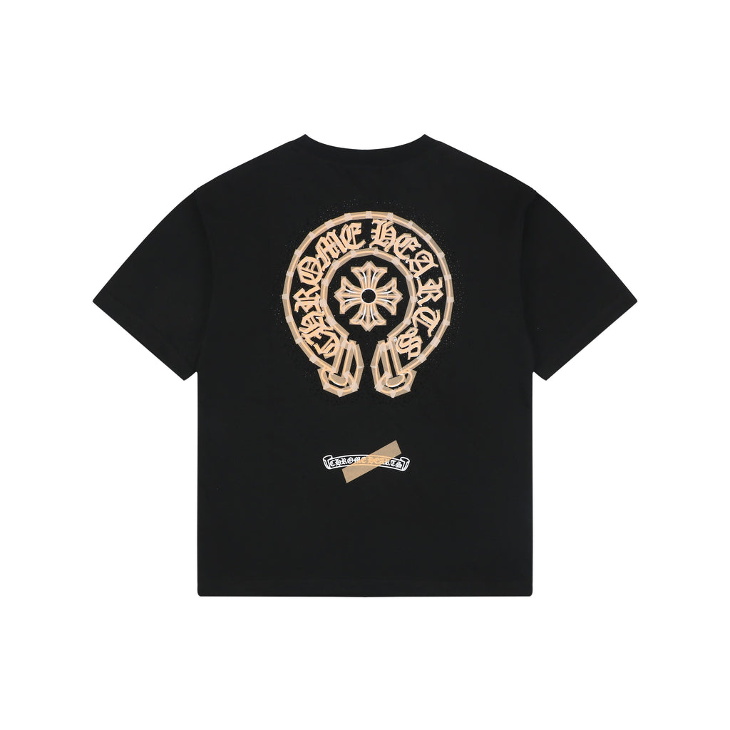 Chrome Hearts Style Gold & White Chest Logo T-Shirt - Black Cotton Streetwear Tee