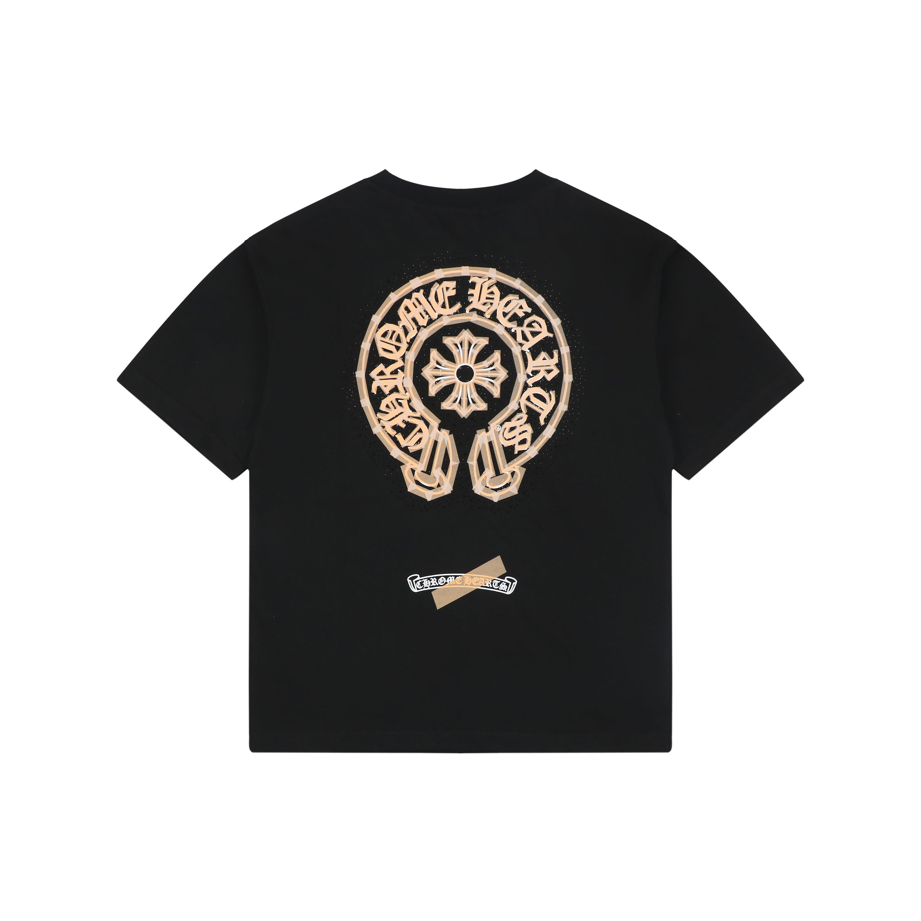 Chrome Hearts Style Gold & White Chest Logo T-Shirt - Black Cotton Streetwear Tee