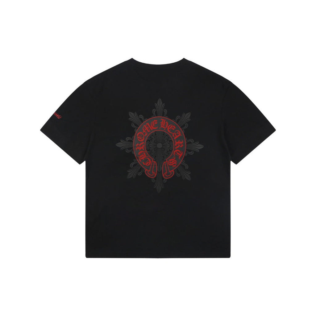 Chrome Hearts Style Red Embroidered Horseshoe Pocket T-Shirt - Black Cotton Streetwear Tee