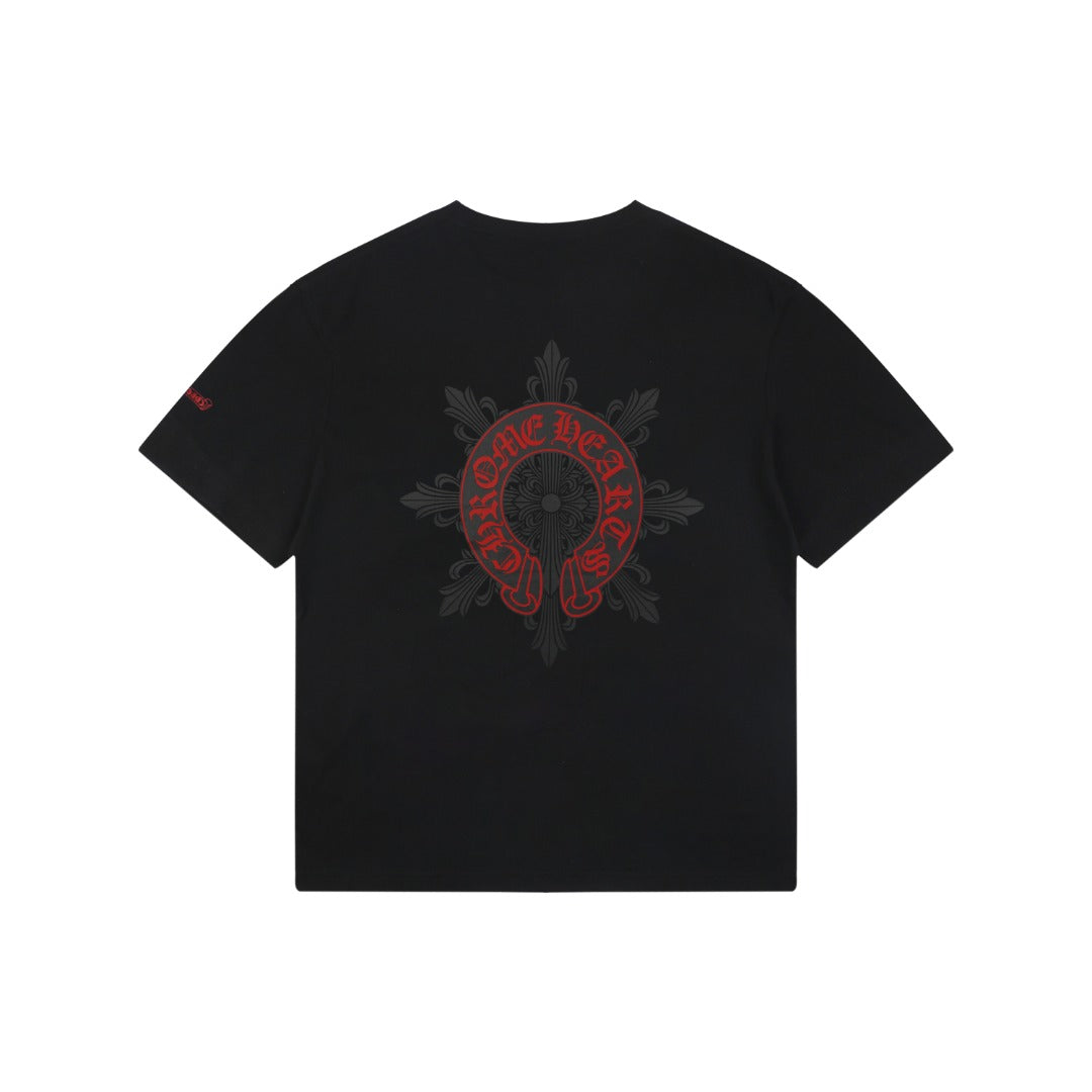 Chrome Hearts Style Red Embroidered Horseshoe Pocket T-Shirt - Black Cotton Streetwear Tee