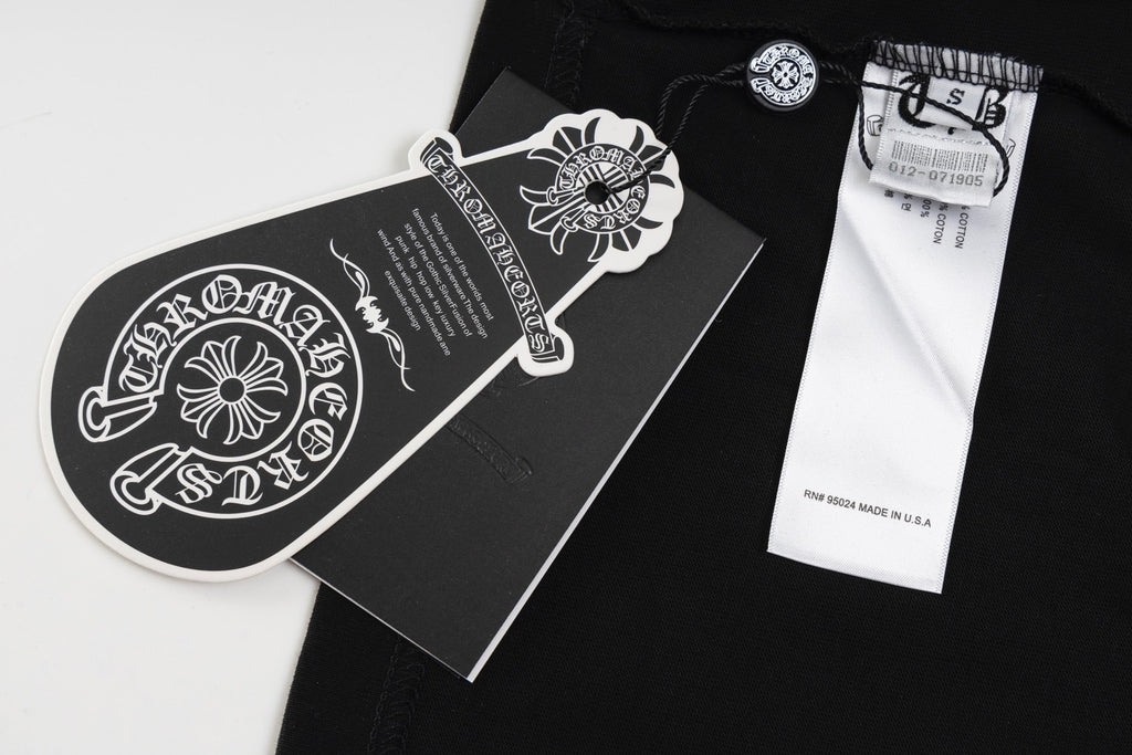 Chrome Hearts Black T-Shirt with Pink Embroidered Horseshoe Cross Graphic