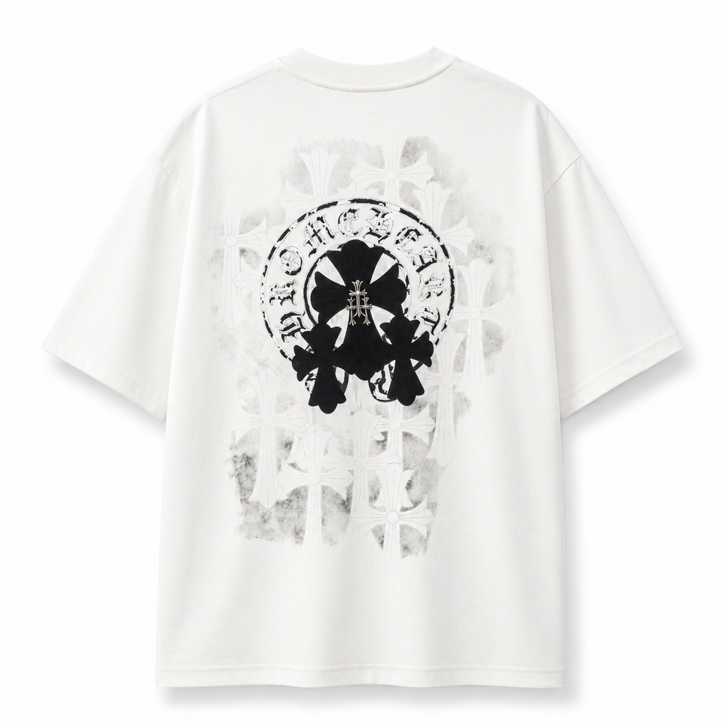 Chrome Hearts Style Gothic Cross Oversized T-Shirt - White/Black Print