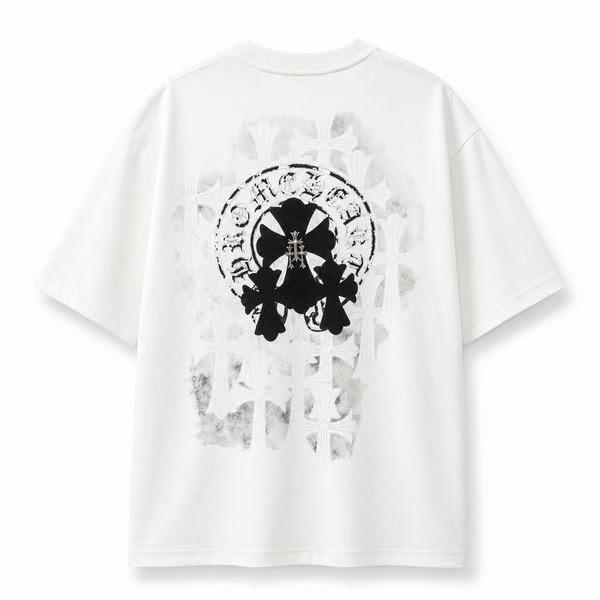 Chrome Hearts Style Gothic Cross Oversized T-Shirt - White/Black Print
