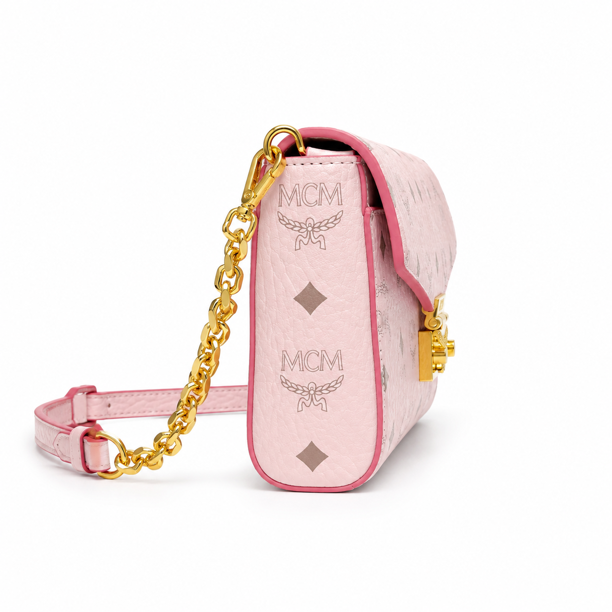MCM Millie Visetos Series Small Flap Chain Bag in Soft Pink