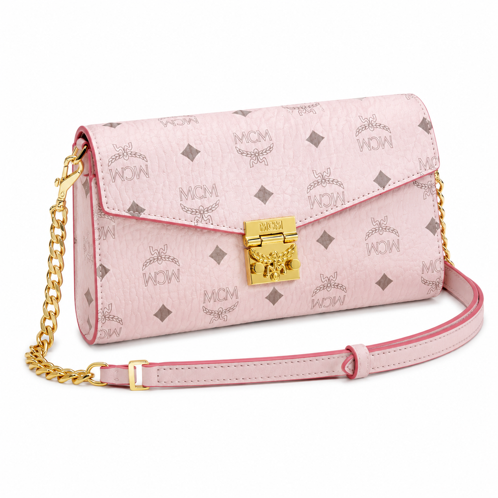 MCM Millie Visetos Series Medium Flap Chain Bag in Soft Pink