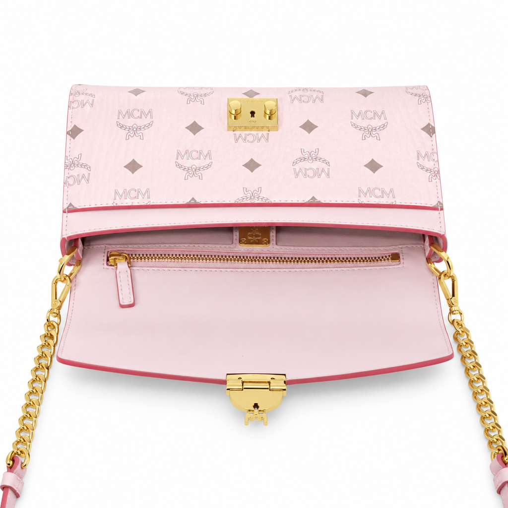 MCM Millie Visetos Series Medium Flap Chain Bag in Soft Pink