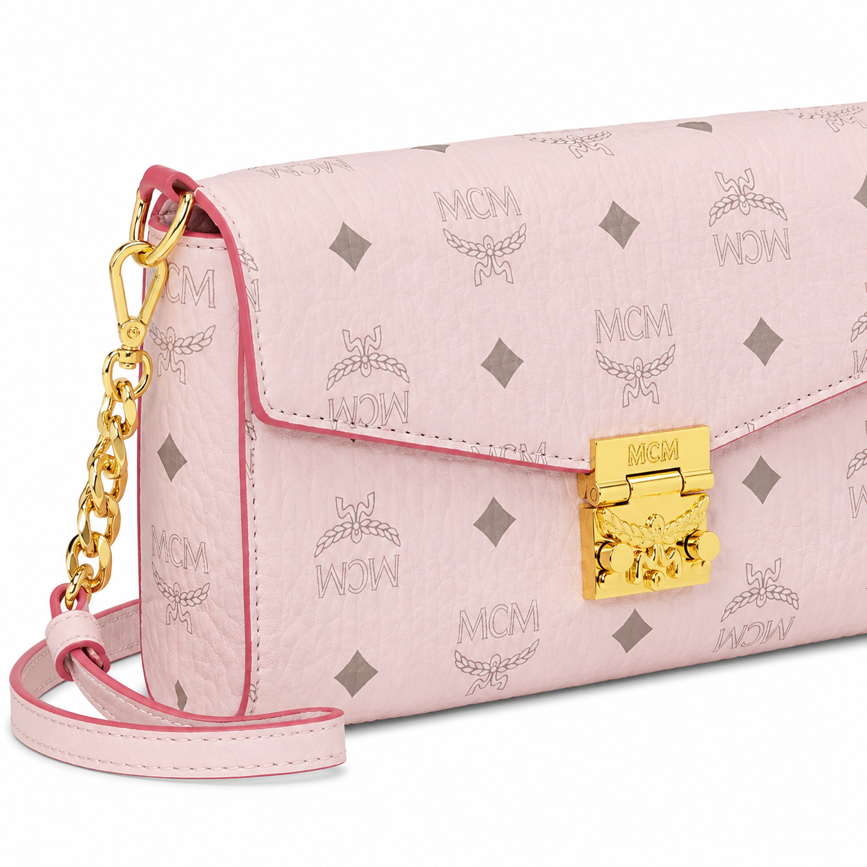 MCM Millie Visetos Series Medium Flap Chain Bag in Soft Pink