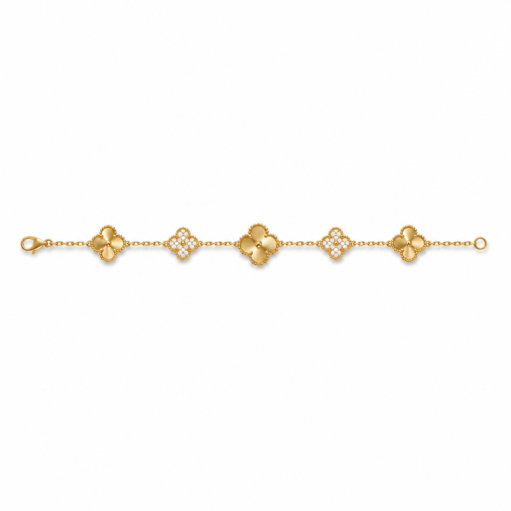 Van Cleef & Arpels Alhambra 5-Motif Bracelet with Guilloché and Diamond Accents
