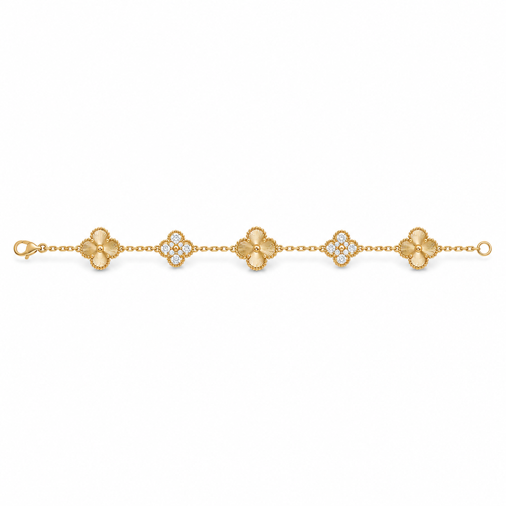 Van Cleef & Arpels Alhambra 5-Motif Bracelet with Guilloché and Diamond Accents
