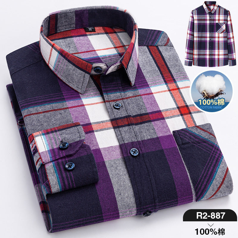 100% Cotton Brushed Long-Sleeved Middle-Aged Shirt Men'S Autumn 2024 New Dad Wear Spring And Autumn Plaid Cotton Shirt