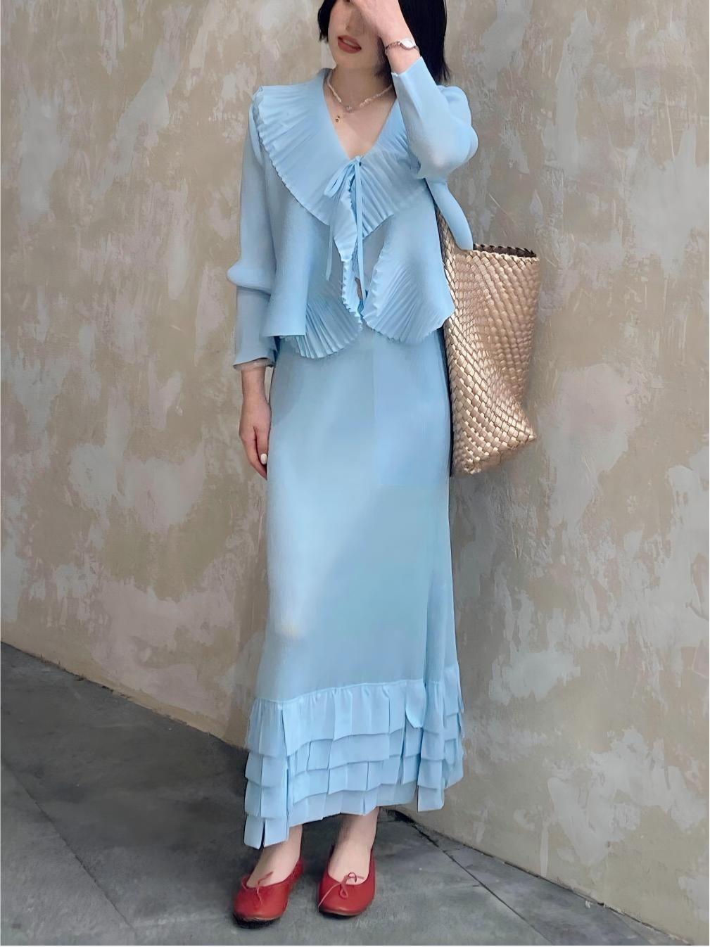 Internet Celebrity Live Broadcast Hot Sale Miyake Style Textured Cardigan Ruffled Cake Skirt Elegant Lady Style Two-Piece Set