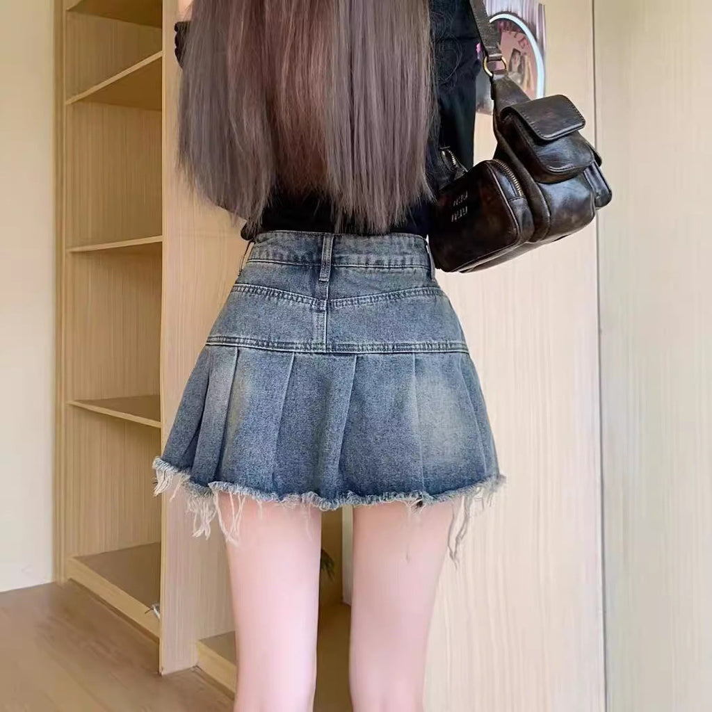 Hot Girl Retro Pleated Denim Skirt For Women 2025 New Summer High-Waisted A-Line Anti-Exposure Hip-Covering Short Skirt