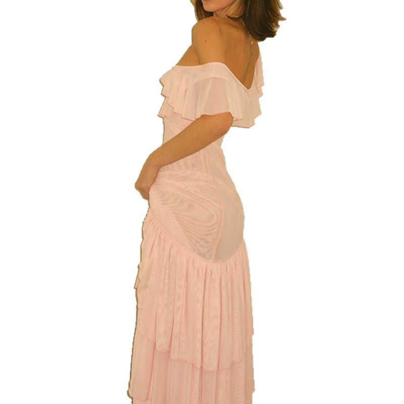 European And American Cross-Border Autumn And Winter New Lotus Lace V-Neck Backless Irregular Mesh Waist Dress Wholesale