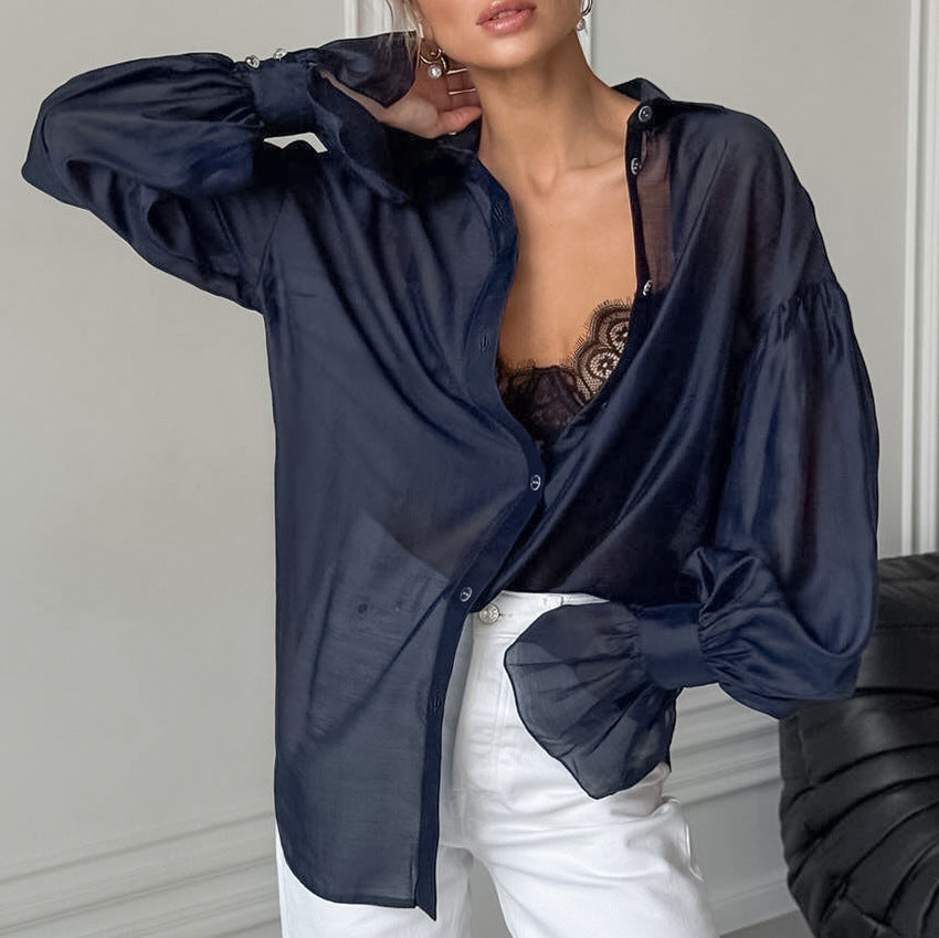 2025 New Autumn See-Through Long-Sleeved Shirts For Women With Design Sense, Personality, Fashionable Temperament, Casual European And American Commuting Shirts