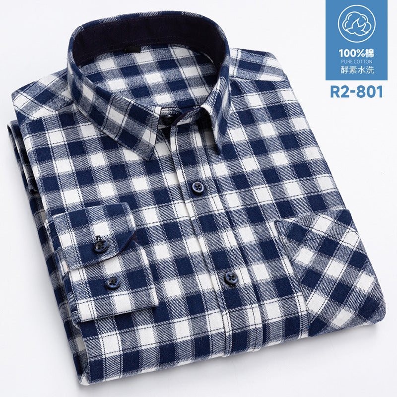 100% Cotton Brushed Long-Sleeved Middle-Aged Shirt Men'S Autumn 2024 New Dad Wear Spring And Autumn Plaid Cotton Shirt