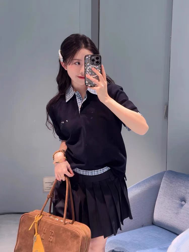 High Version Spot Fake Two-Piece Spliced Polo Collar Short-Sleeved T-Shirt For Women Age-Reducing College Style Tops Couples Short-Sleeved Trendy
