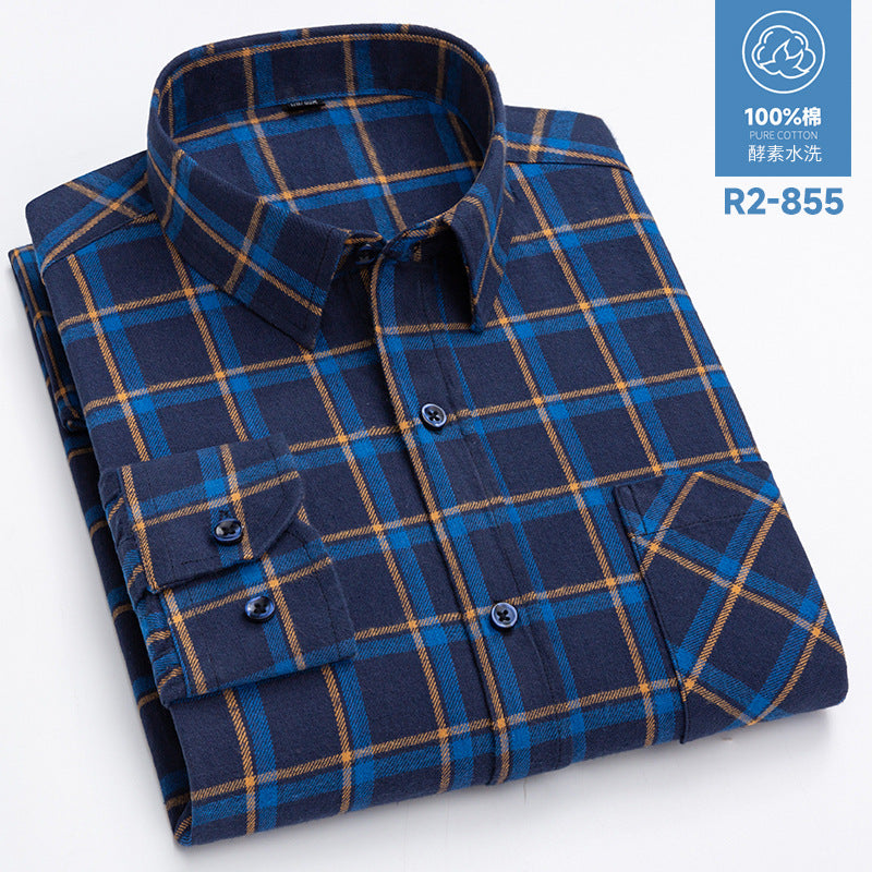 100% Cotton Brushed Long-Sleeved Middle-Aged Shirt Men'S Autumn 2024 New Dad Wear Spring And Autumn Plaid Cotton Shirt