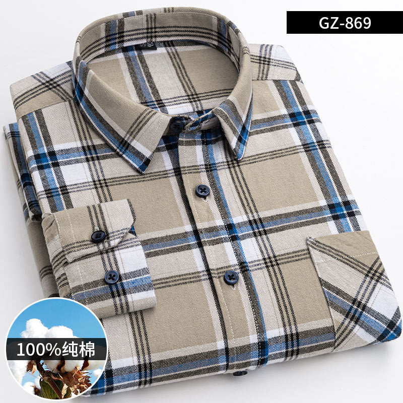 100% Cotton Brushed Long-Sleeved Middle-Aged Shirt Men'S Autumn 2024 New Dad Wear Spring And Autumn Plaid Cotton Shirt