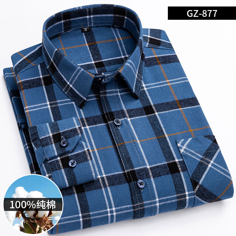 100% Cotton Brushed Long-Sleeved Middle-Aged Shirt Men'S Autumn 2024 New Dad Wear Spring And Autumn Plaid Cotton Shirt