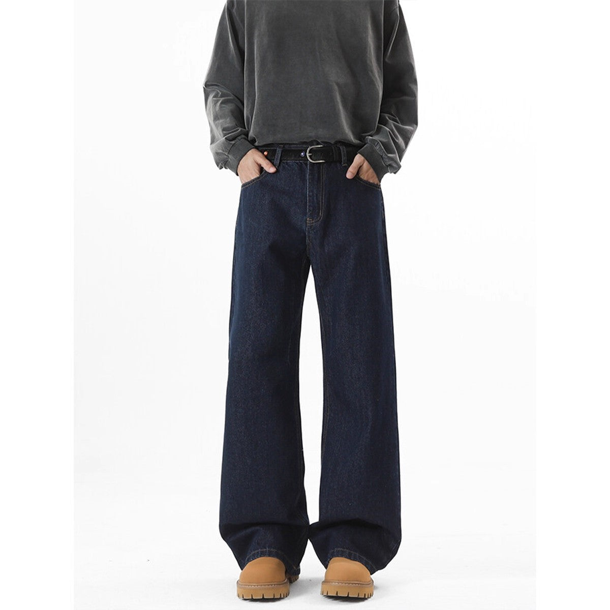 Denim Original Color Wide Leg Jeans Men'S Autumn American High Street Loose Trousers Cleanfit Washed Floor Mopping Pants