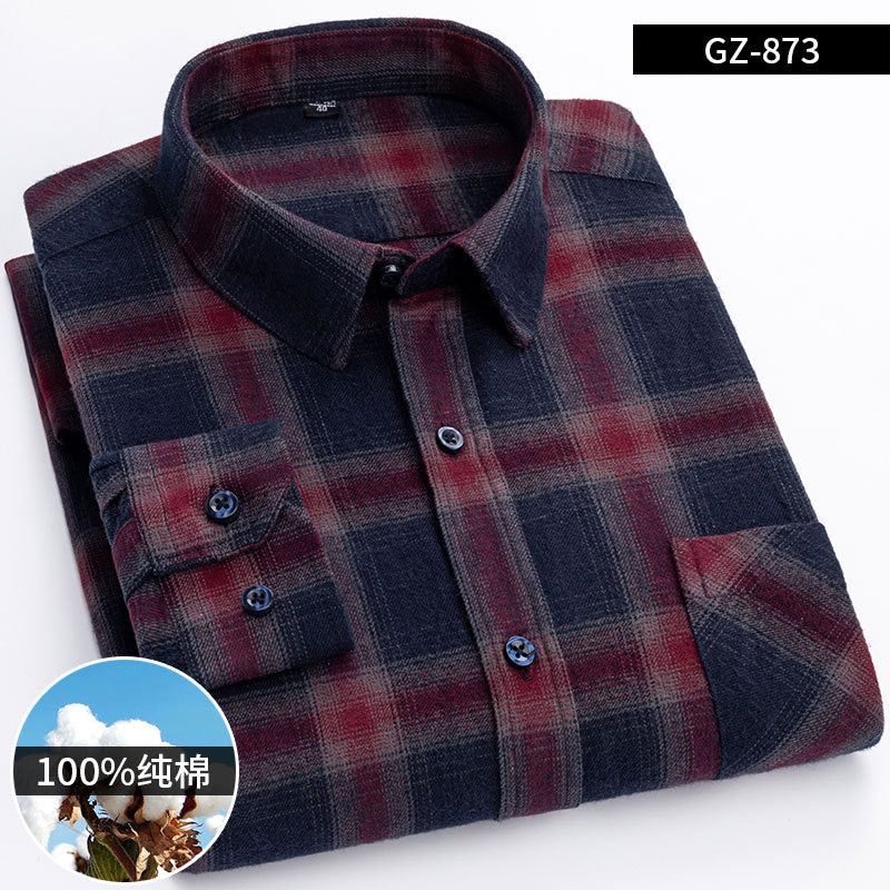 100% Cotton Brushed Long-Sleeved Middle-Aged Shirt Men'S Autumn 2024 New Dad Wear Spring And Autumn Plaid Cotton Shirt
