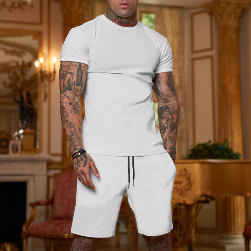 Foreign Trade Summer New Cross-Border Men'S European And American Loose And Trendy Youth Solid Color Short-Sleeved Shorts Suit Casual Two-Piece Set