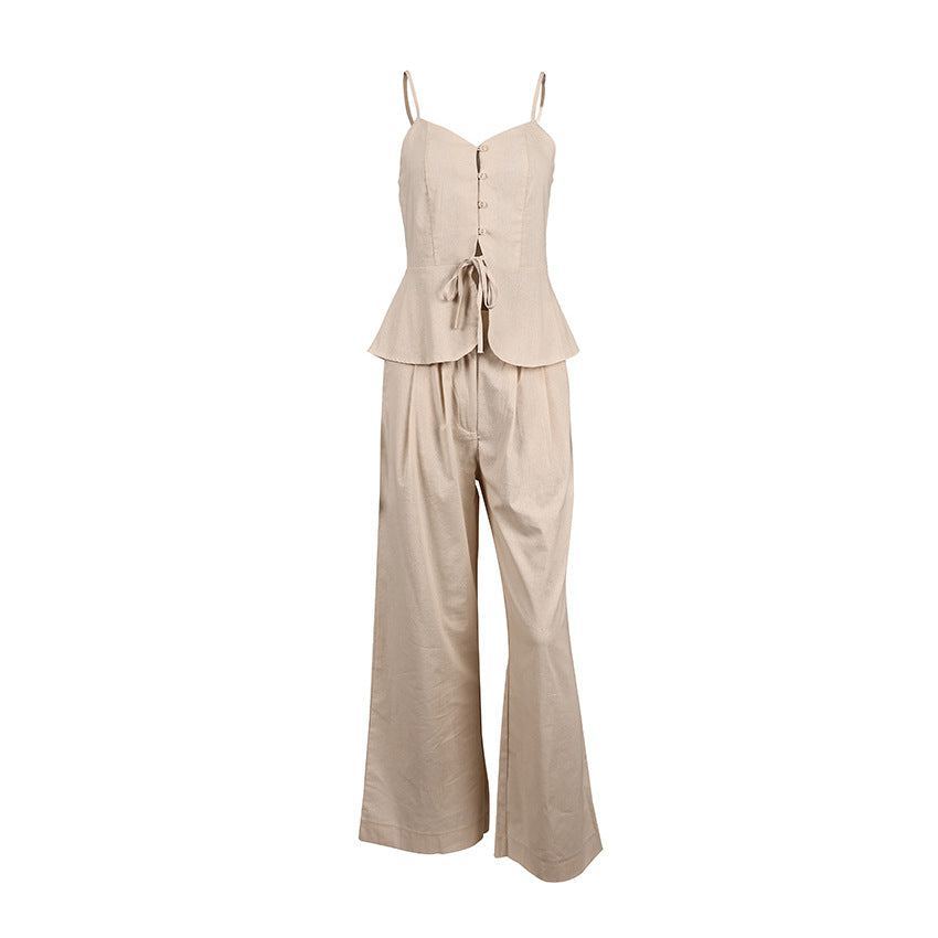 New Summer Fashion Camisole High-Waisted Wide-Leg Trousers Two-Piece Set With Design, Temperament And Commuting French Style