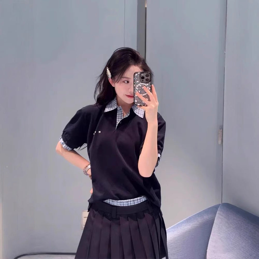 High Version Spot Fake Two-Piece Spliced Polo Collar Short-Sleeved T-Shirt For Women Age-Reducing College Style Tops Couples Short-Sleeved Trendy
