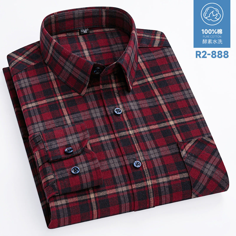 100% Cotton Brushed Long-Sleeved Middle-Aged Shirt Men'S Autumn 2024 New Dad Wear Spring And Autumn Plaid Cotton Shirt