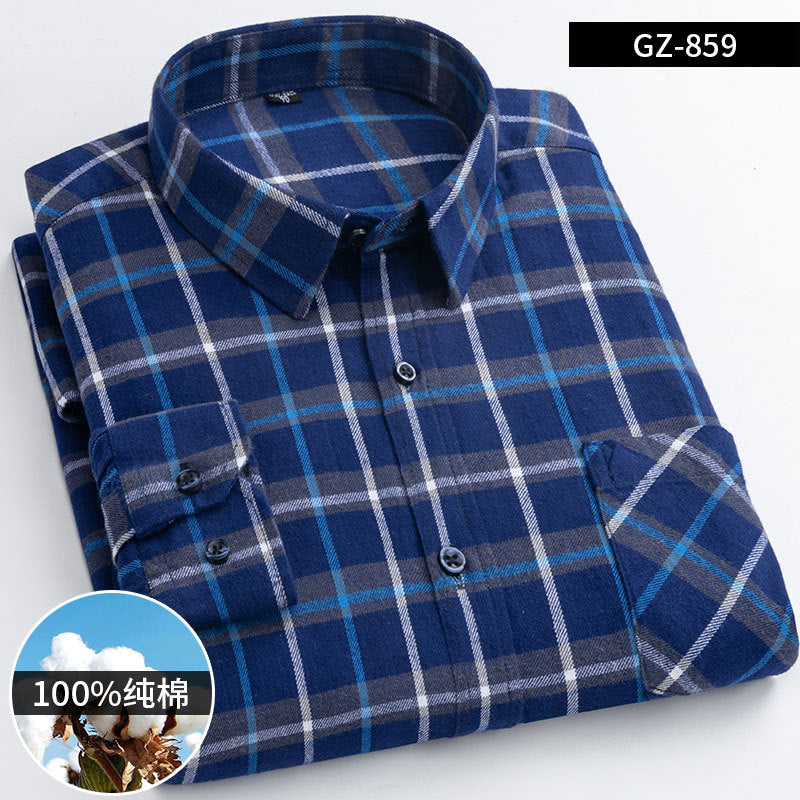 100% Cotton Brushed Long-Sleeved Middle-Aged Shirt Men'S Autumn 2024 New Dad Wear Spring And Autumn Plaid Cotton Shirt