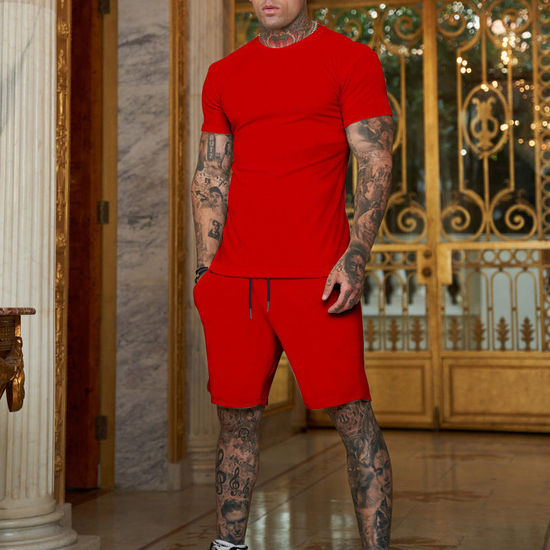Foreign Trade Summer New Cross-Border Men'S European And American Loose And Trendy Youth Solid Color Short-Sleeved Shorts Suit Casual Two-Piece Set