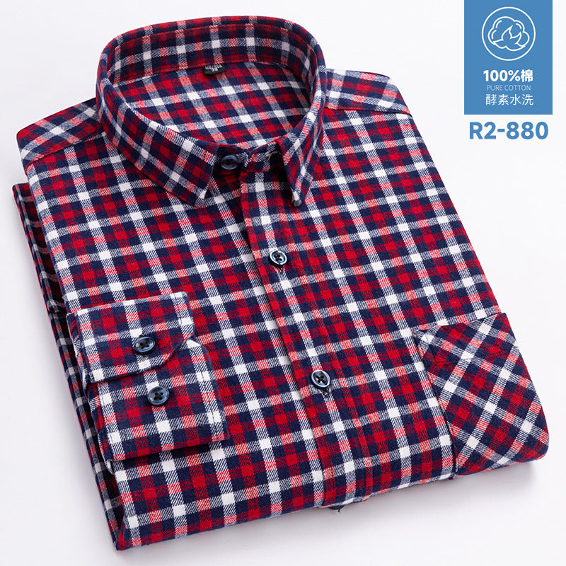 100% Cotton Brushed Long-Sleeved Middle-Aged Shirt Men'S Autumn 2024 New Dad Wear Spring And Autumn Plaid Cotton Shirt