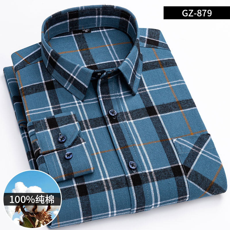 100% Cotton Brushed Long-Sleeved Middle-Aged Shirt Men'S Autumn 2024 New Dad Wear Spring And Autumn Plaid Cotton Shirt