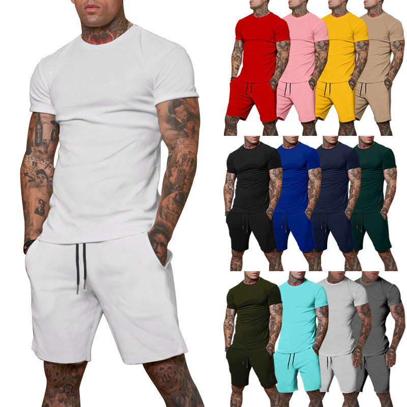 Foreign Trade Summer New Cross-Border Men'S European And American Loose And Trendy Youth Solid Color Short-Sleeved Shorts Suit Casual Two-Piece Set