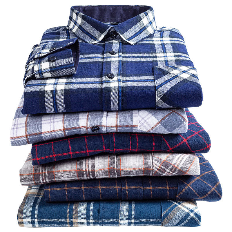 100% Cotton Brushed Long-Sleeved Middle-Aged Shirt Men'S Autumn 2024 New Dad Wear Spring And Autumn Plaid Cotton Shirt