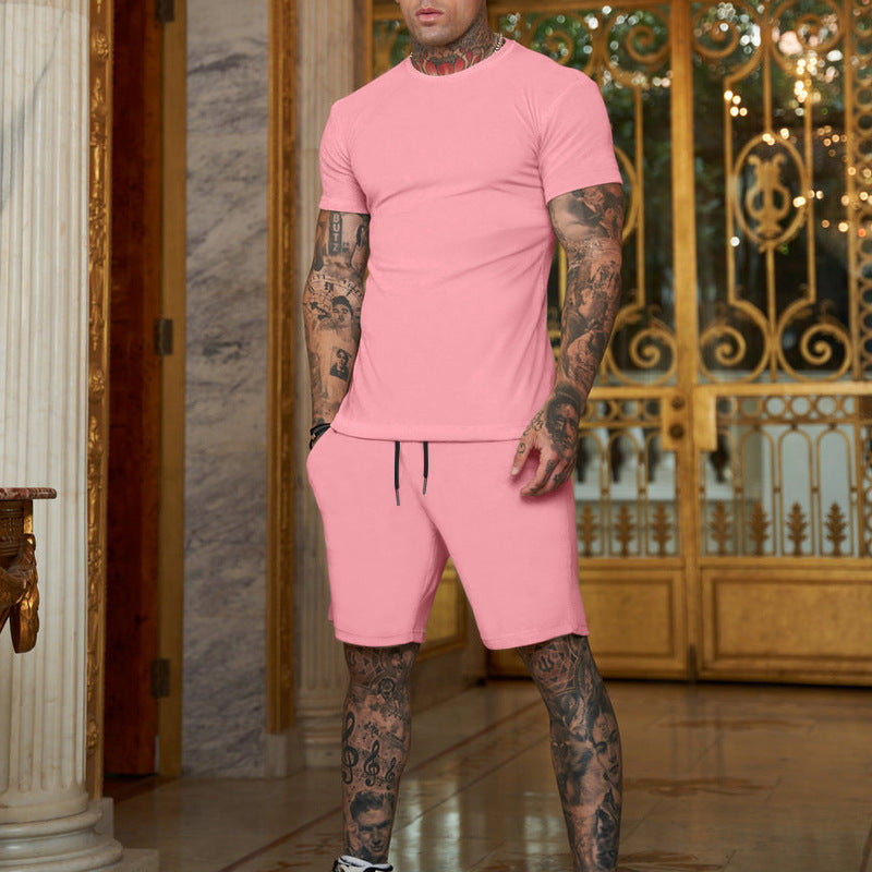 Foreign Trade Summer New Cross-Border Men'S European And American Loose And Trendy Youth Solid Color Short-Sleeved Shorts Suit Casual Two-Piece Set