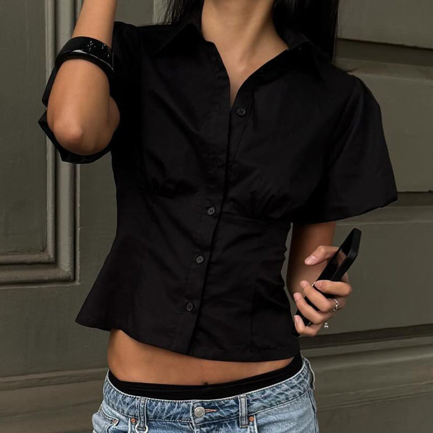 2026 Summer New Puff Sleeve Shirt Design Temperament Waist Top Fashion Personality European And American Commuting Versatile
