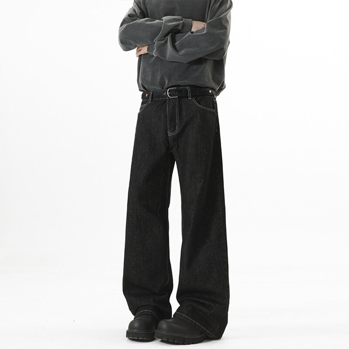 Denim Original Color Wide Leg Jeans Men'S Autumn American High Street Loose Trousers Cleanfit Washed Floor Mopping Pants