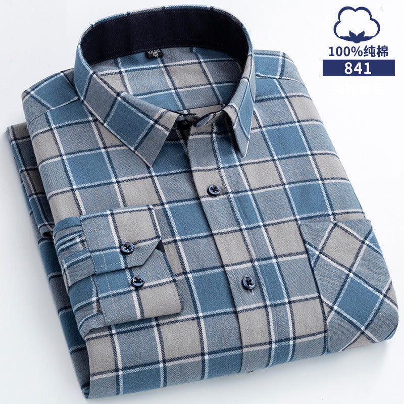 100% Cotton Brushed Long-Sleeved Middle-Aged Shirt Men'S Autumn 2024 New Dad Wear Spring And Autumn Plaid Cotton Shirt