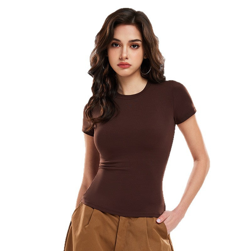 American Solid Color Short-Sleeved Right Shoulder T-Shirt Women'S Nude Quick-Drying Yoga Wear Slim Fit Sports Fitness Running Top