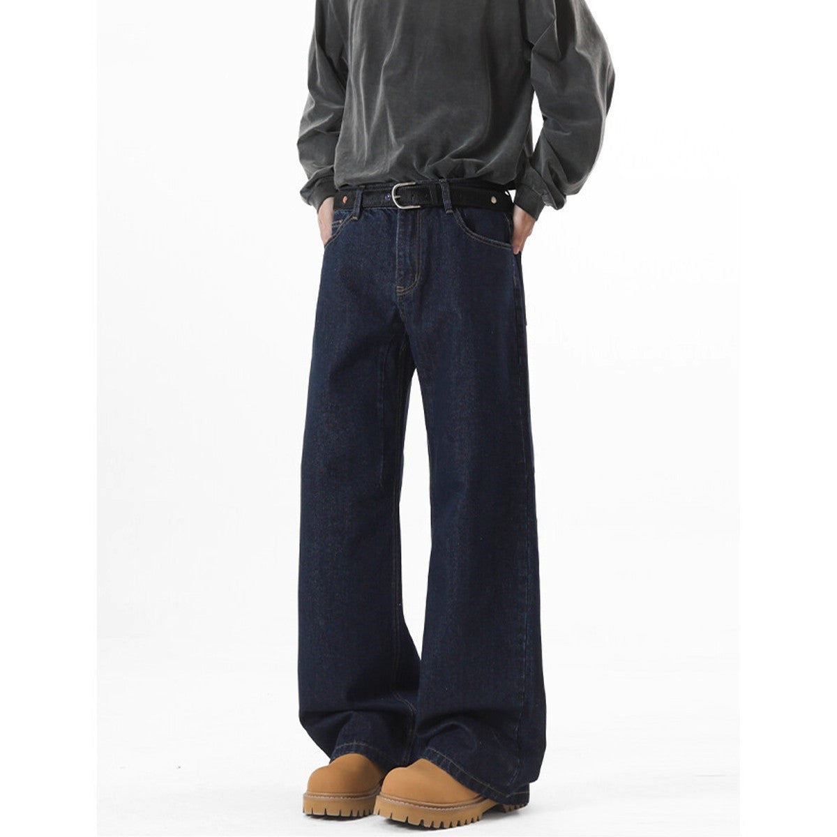 Denim Original Color Wide Leg Jeans Men'S Autumn American High Street Loose Trousers Cleanfit Washed Floor Mopping Pants