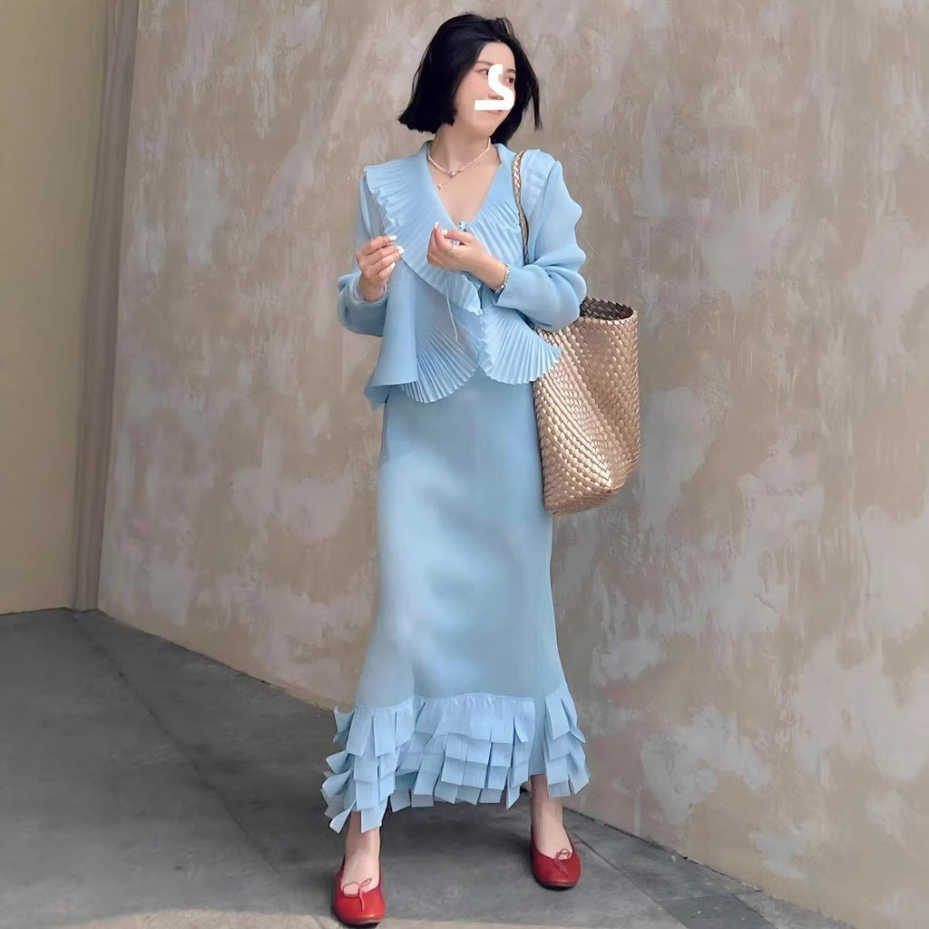 Internet Celebrity Live Broadcast Hot Sale Miyake Style Textured Cardigan Ruffled Cake Skirt Elegant Lady Style Two-Piece Set