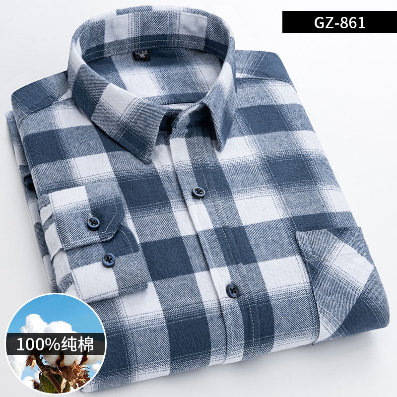 100% Cotton Brushed Long-Sleeved Middle-Aged Shirt Men'S Autumn 2024 New Dad Wear Spring And Autumn Plaid Cotton Shirt