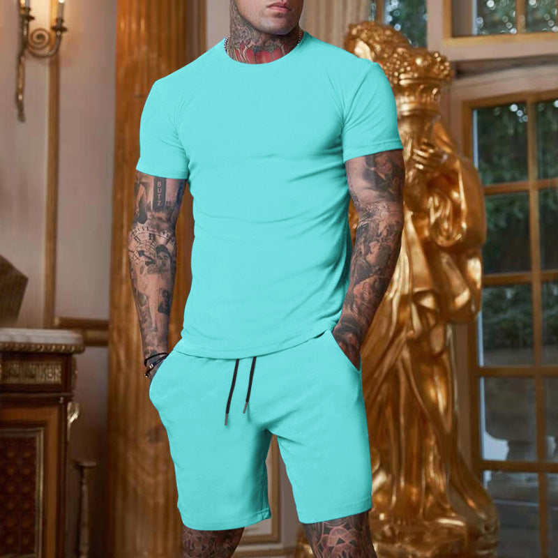 Foreign Trade Summer New Cross-Border Men'S European And American Loose And Trendy Youth Solid Color Short-Sleeved Shorts Suit Casual Two-Piece Set
