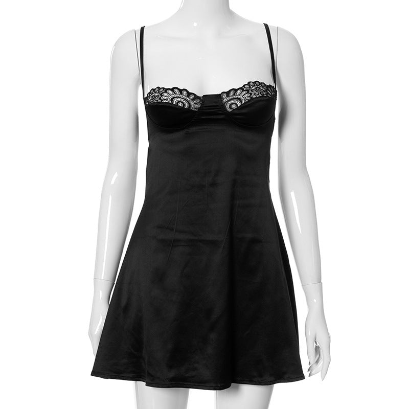 European And American Ins Sexy Suspender Strapless Backless Lace Breast-Wrapped Lace Dress For Women Summer Solid Color Satin Skirt