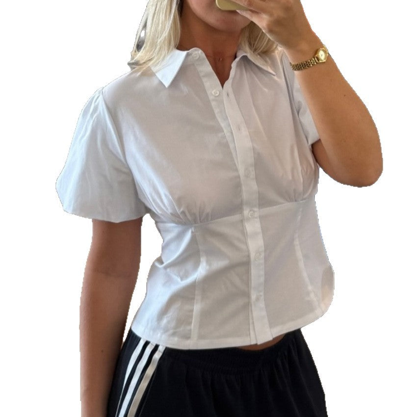 2026 Summer New Puff Sleeve Shirt Design Temperament Waist Top Fashion Personality European And American Commuting Versatile