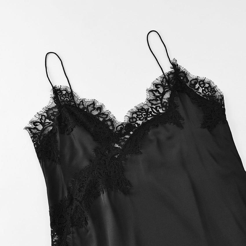 2026 Spring And Summer New Simulated Silk Lace Slit Inner Dress Design And Temperament Satin Satin Suspender Skirt